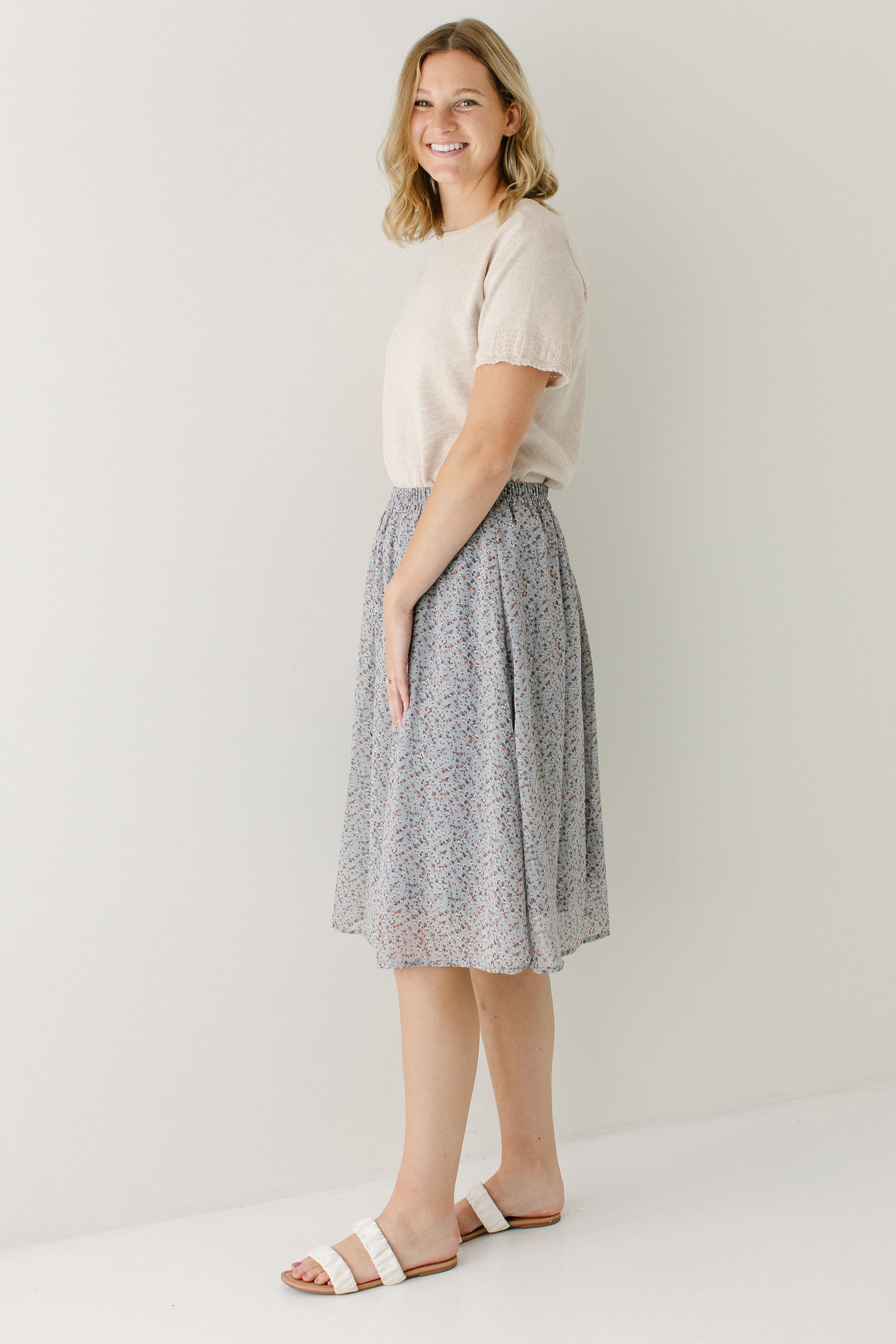 'Nina' Ditsy Floral Midi Skirt in Slate Blue FINAL SALE