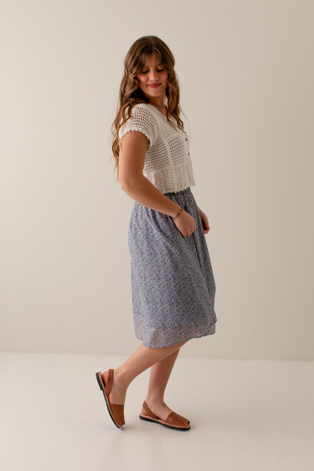 'Nina' Ditsy Floral Midi Skirt in Slate Blue FINAL SALE