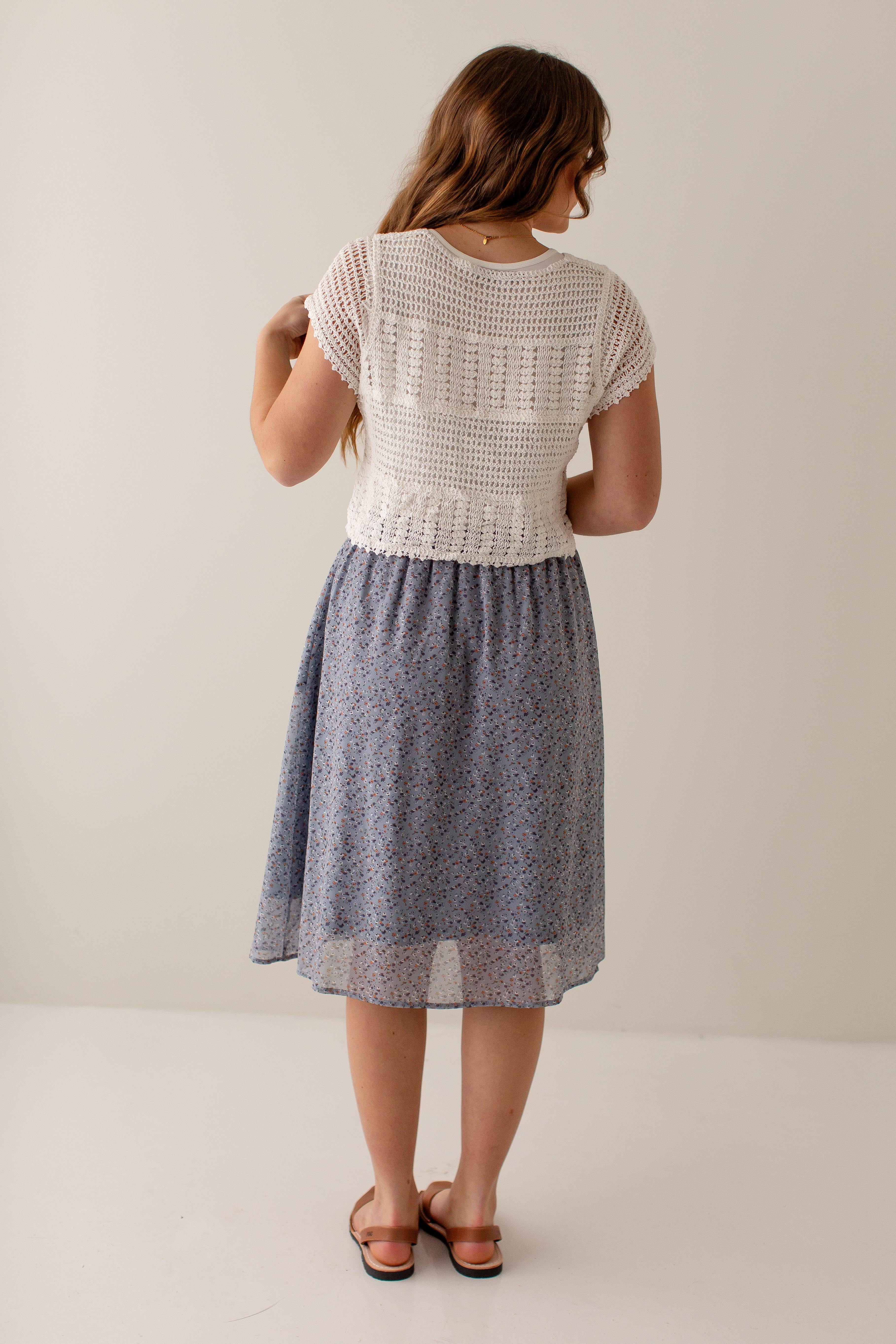 'Nina' Ditsy Floral Midi Skirt in Slate Blue FINAL SALE