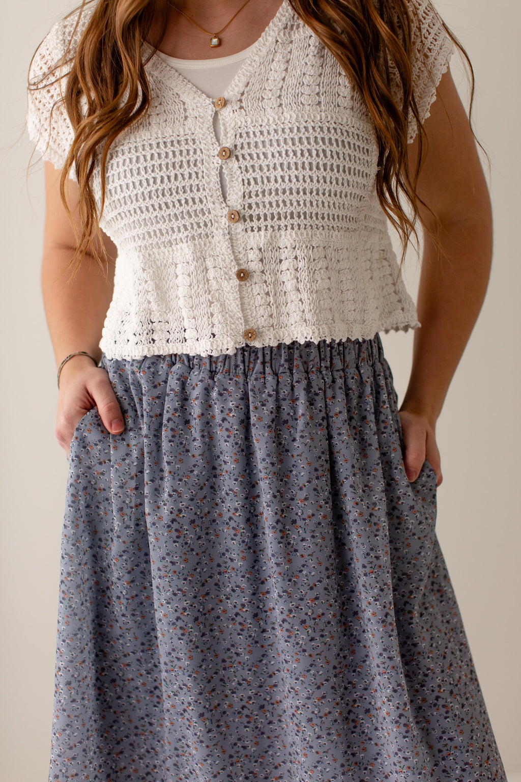 'Nina' Ditsy Floral Midi Skirt in Slate Blue FINAL SALE