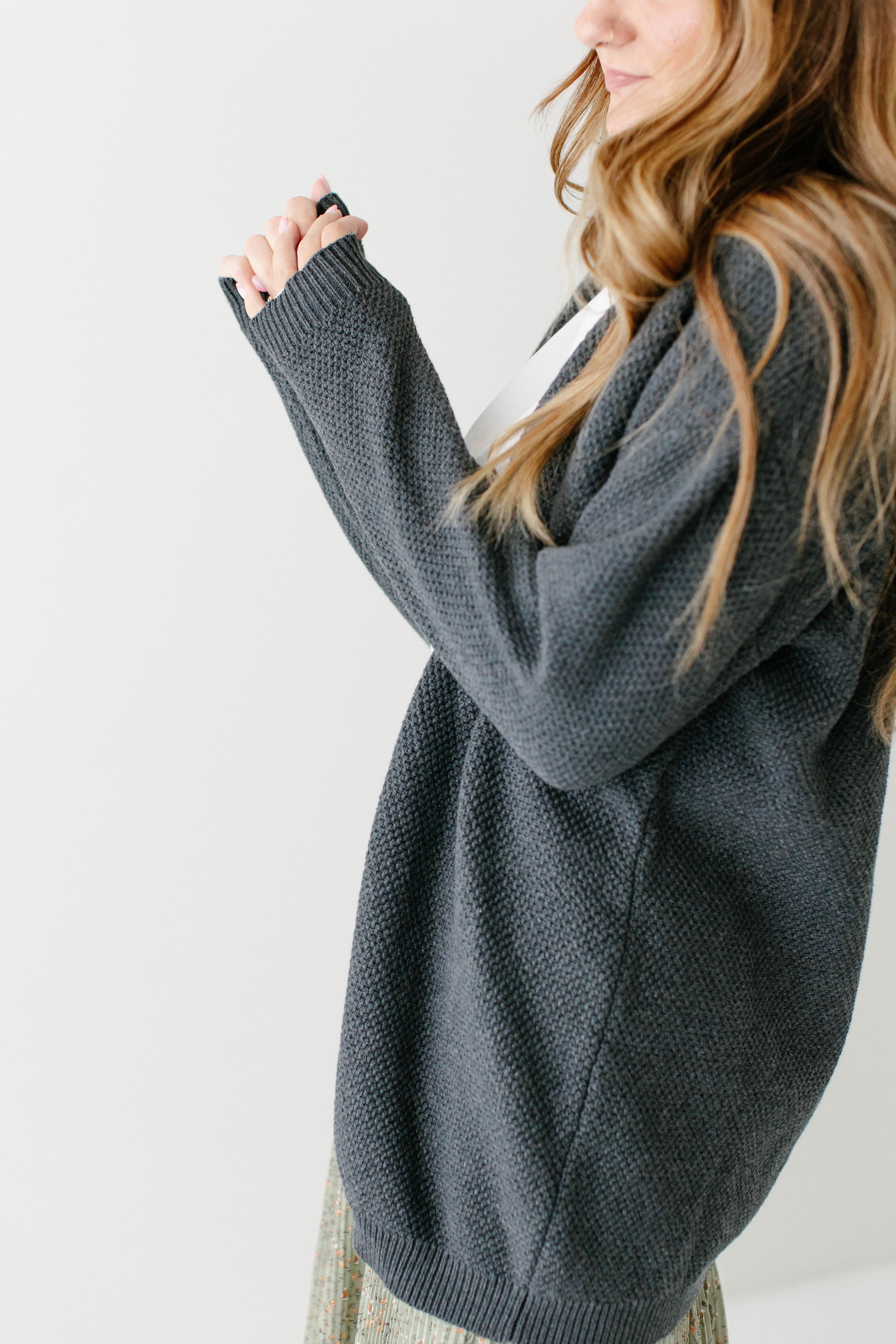 'Mattie' Cotton Textured Cardigan in Charcoal